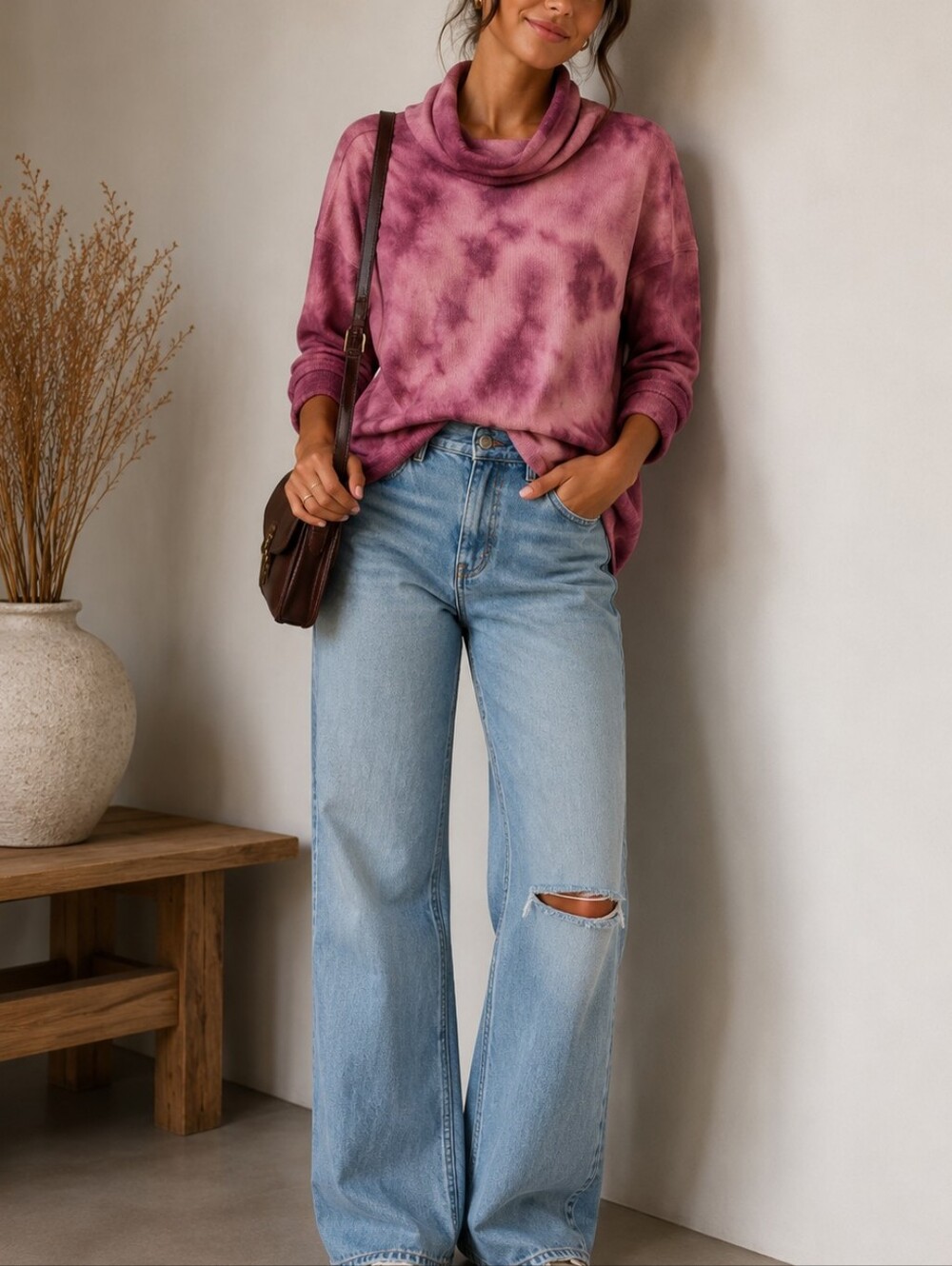 NWT! Anthropologie Pink Tie Dye Cowl Neck Waffle Knit Top